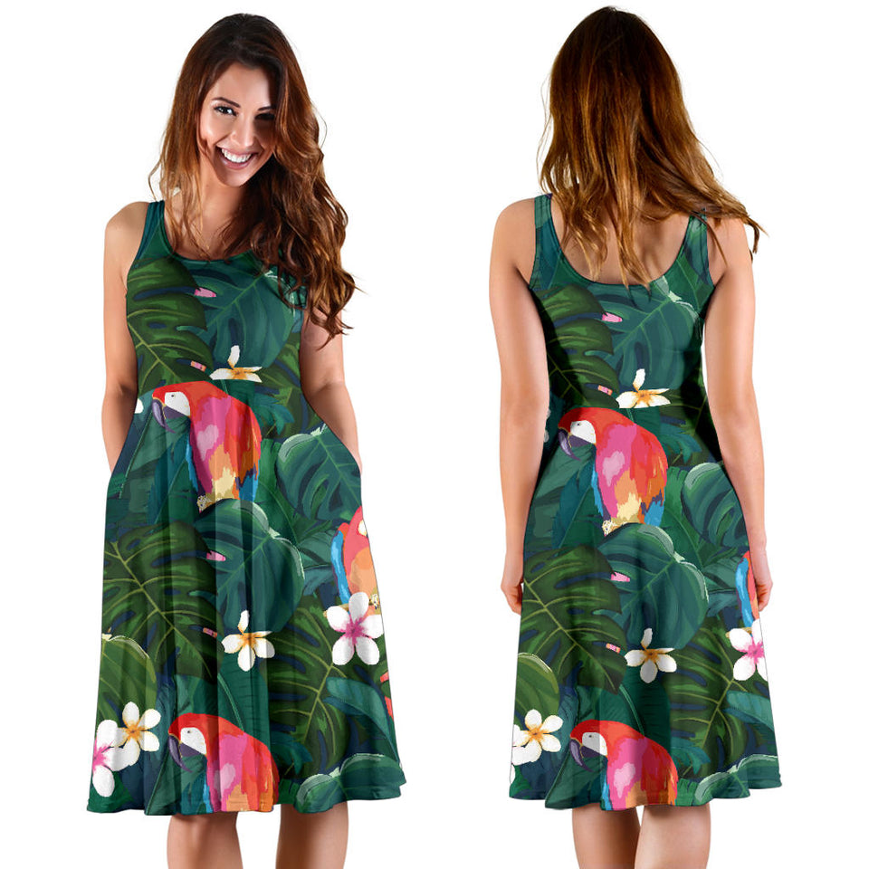 Parrot Palm Tree Leaves Flower Hibiscus Pattern Sleeveless Midi Dress