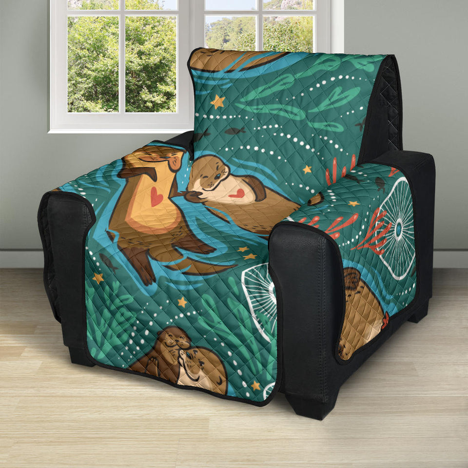 cute brown sea otters ornamental seaweed corals green water Recliner Cover Protector
