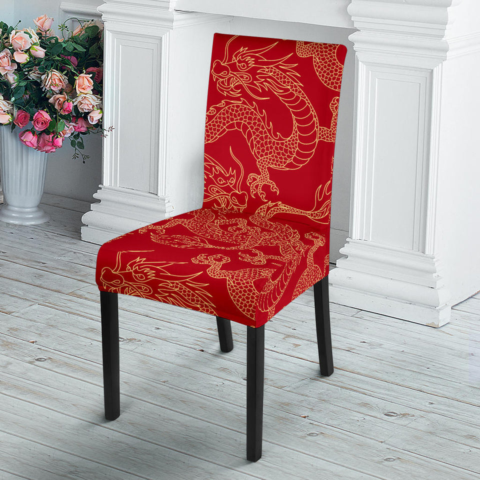 Gold Dragons Red Background Dining Chair Slipcover