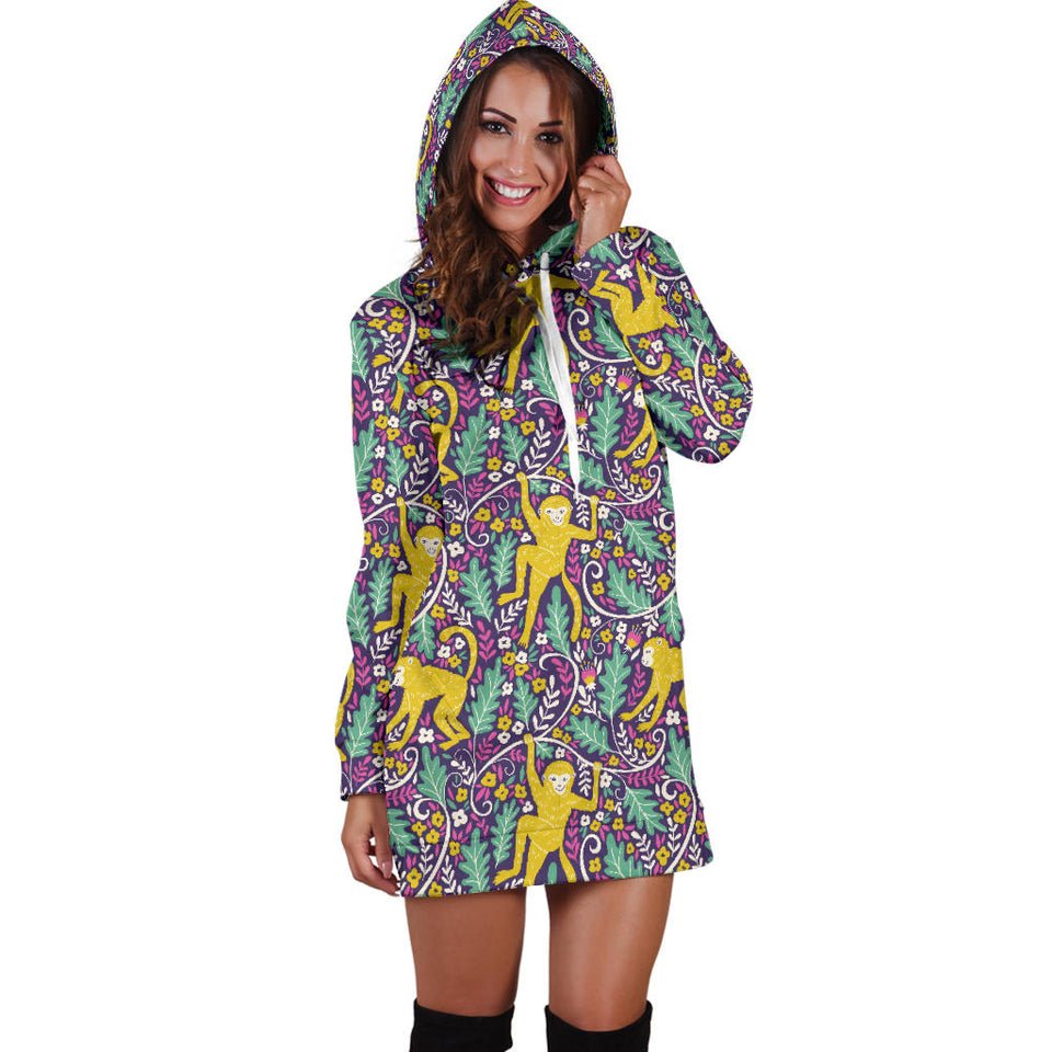 Cute Yellow Monkey Leaves Pattern Women'S Hoodie Dress