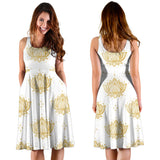 Gold Ornamental Lotue Waterlily Symbol Pattern Sleeveless Midi Dress
