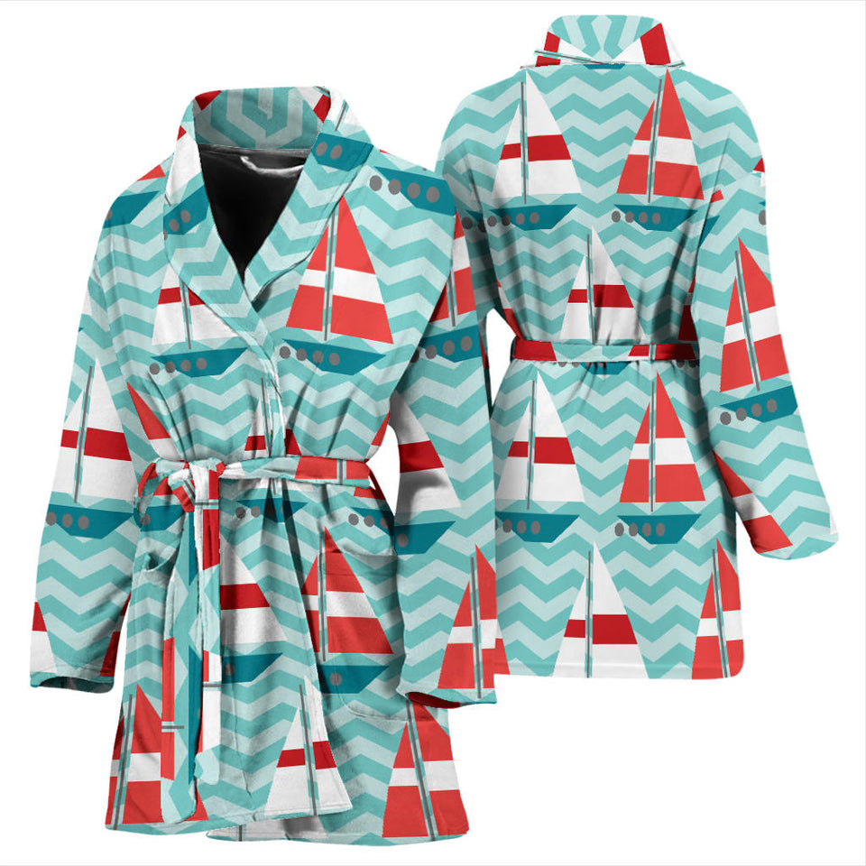 Red White Sailboat Wave Background Women'S Bathrobe