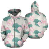 Pink Lotus Waterlily Leaves Pattern Zip Up Hoodie