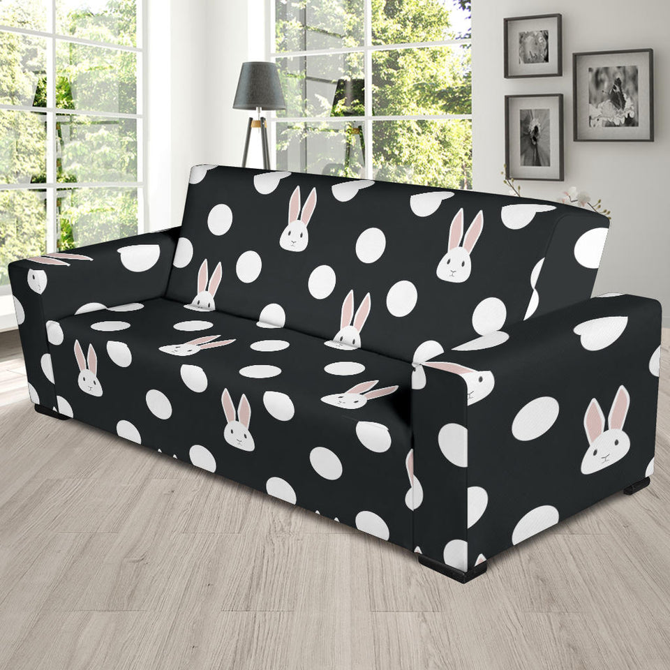 Cute White Rabbit Polka Dots Black Background Sofa Slipcover