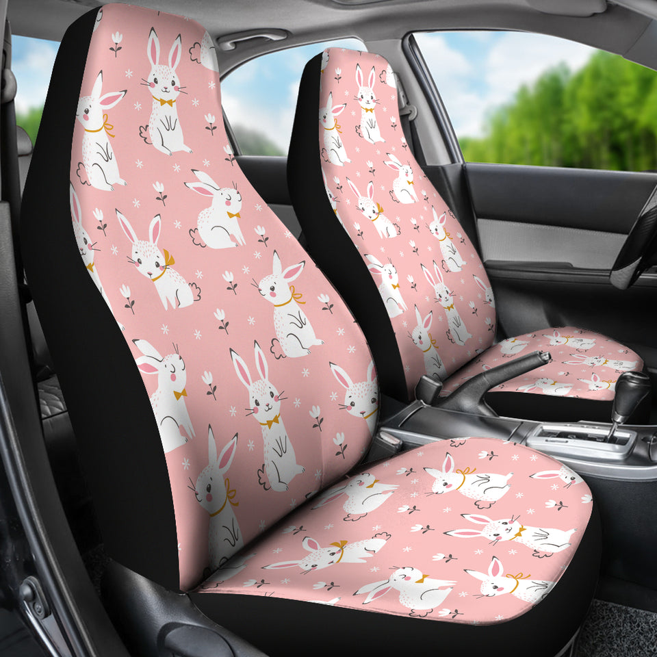 Cute White Rabbit Flower Pink Background  Universal Fit Car Seat Covers