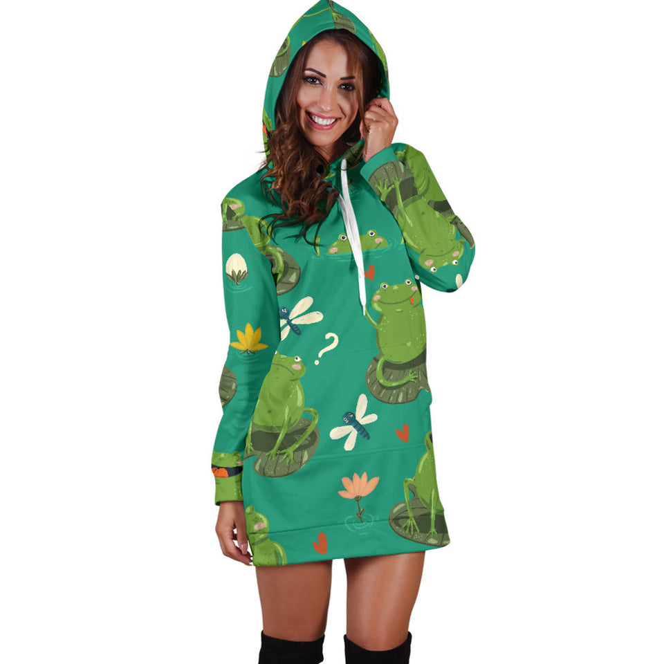 Cute Frog Dragonfly Design Pattern Women'S Hoodie Dress