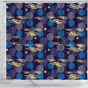 Blue Japanese Pattern Cloud Wave Flower Shower Curtain Fulfilled In US