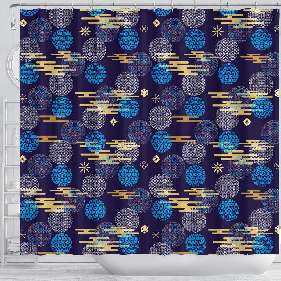 Blue Japanese Pattern Cloud Wave Flower Shower Curtain Fulfilled In US
