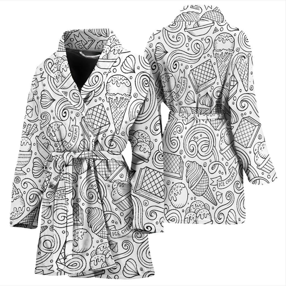Cartoon Hand Drawn Ice Cream Black White Women'S Bathrobe