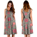 Red Gold Sakura Cherry Blossom Gray Background Sleeveless Midi Dress