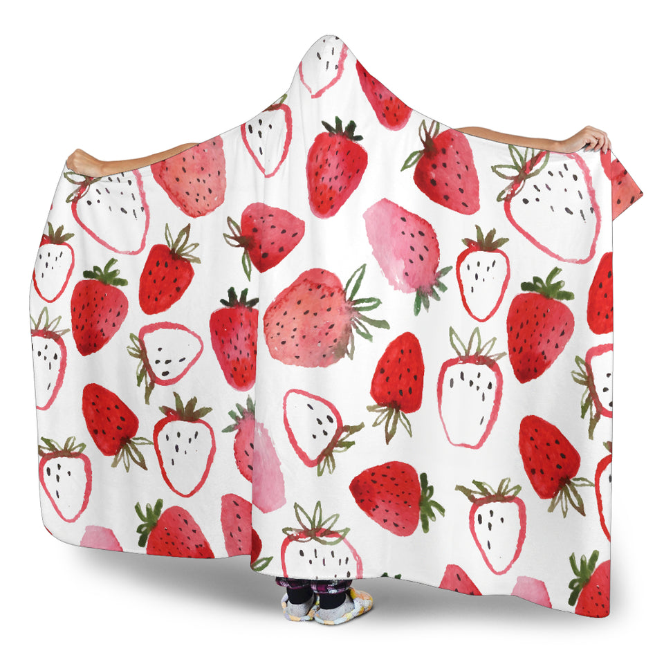 Watercolor Hand Drawn Beautiful Strawberry Pattern Hooded Blanket