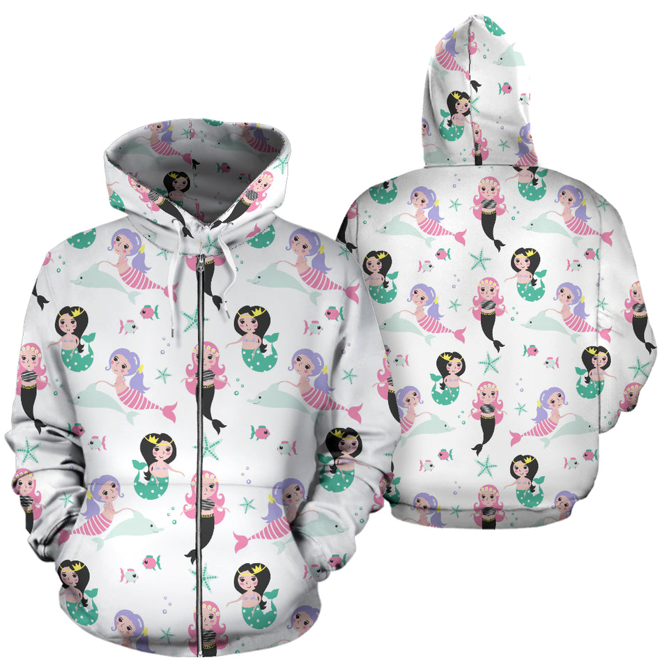 Cute Mermaid Dolphin Fish Starfish Pattern Zip Up Hoodie