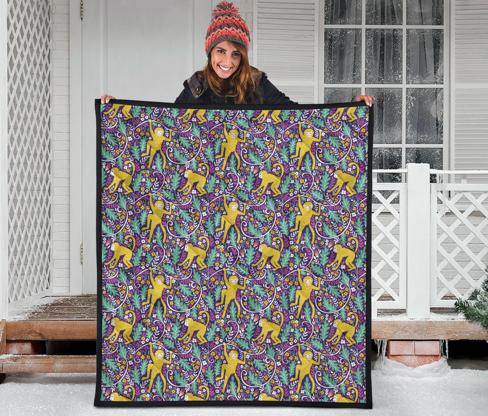 Cute Yellow Monkey Leaves Pattern Premium Quilt