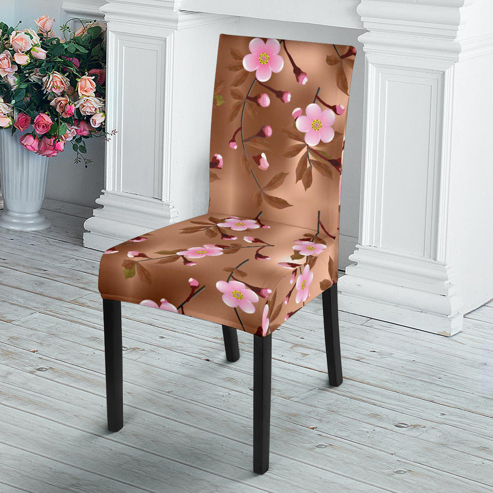 Pink Sakura Cherry Blossom Drak Brown Background Dining Chair Slipcover