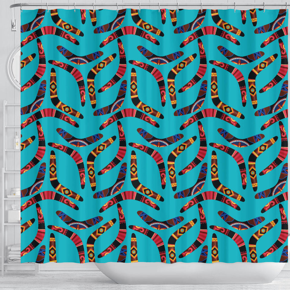 Boomerang Australian Aboriginal Ornament Blue Background Shower Curtain Fulfilled In US