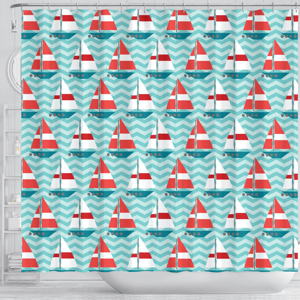 Red White Sailboat Wave Background Shower Curtain Fulfilled In US