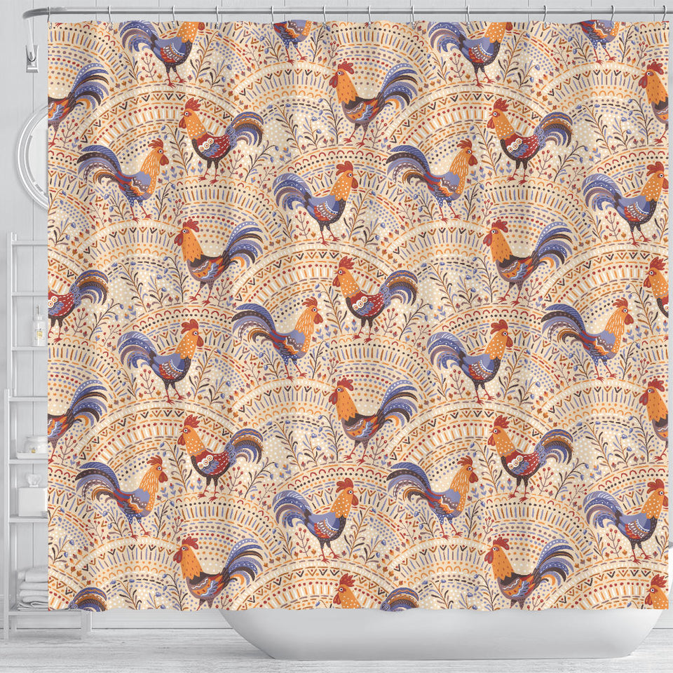Cute Rooster Chicken Cock Floral Ornament Background Shower Curtain Fulfilled In US