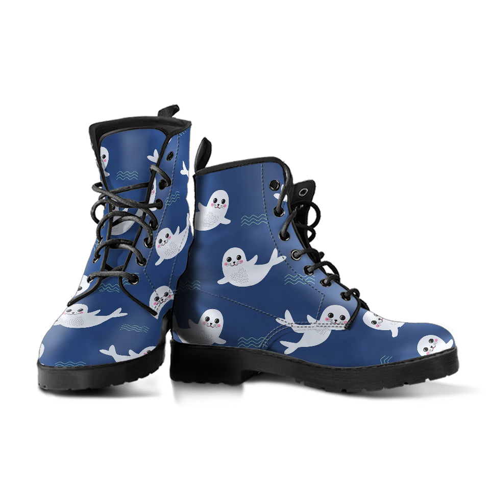 Cute White Baby Sea Lion Seal Pattern Leather Boots