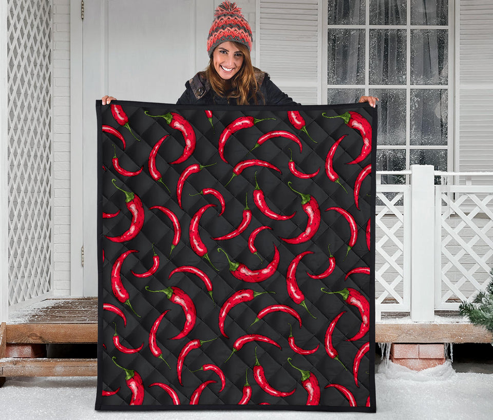 Chili Peppers Pattern Black Background Premium Quilt
