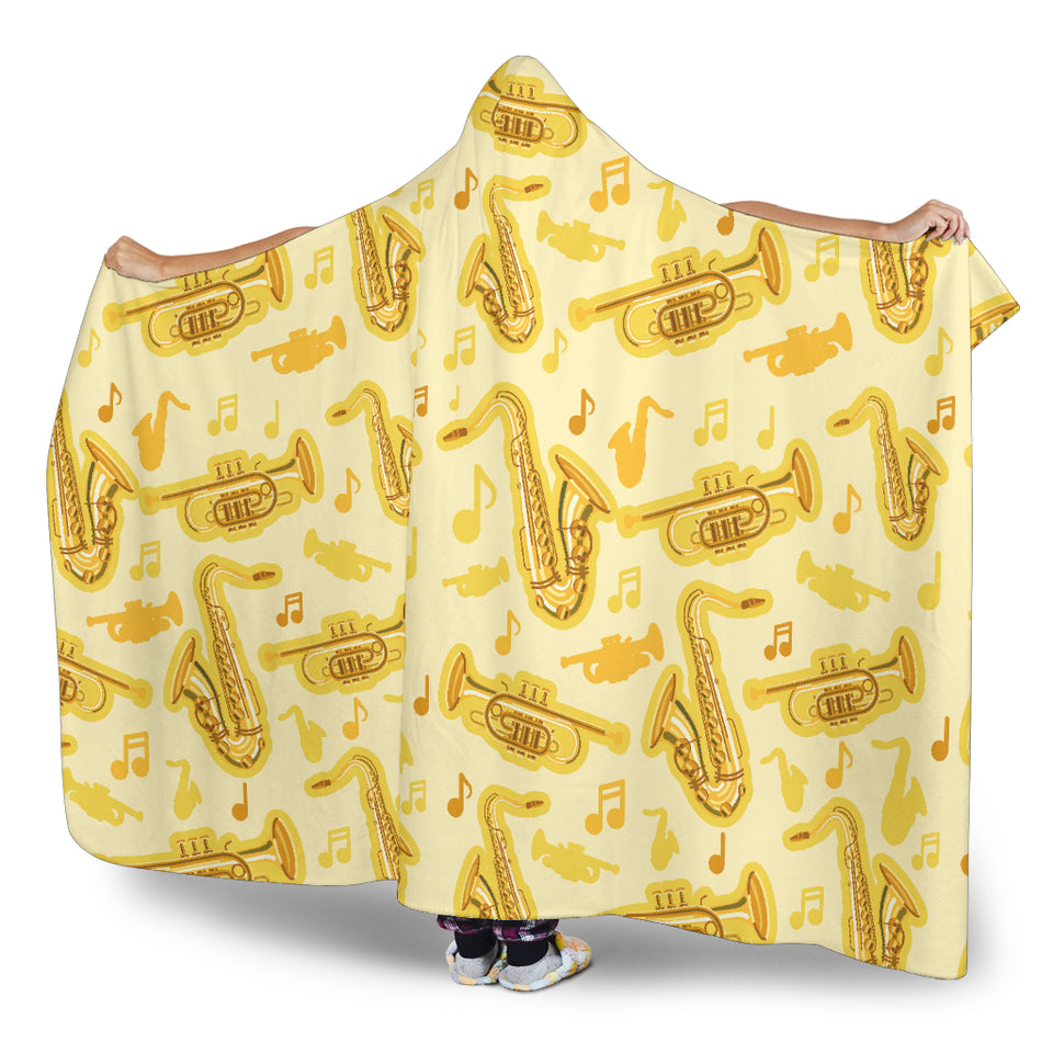 Saxophone Cornet Pattern Yellow Background Hooded Blanket