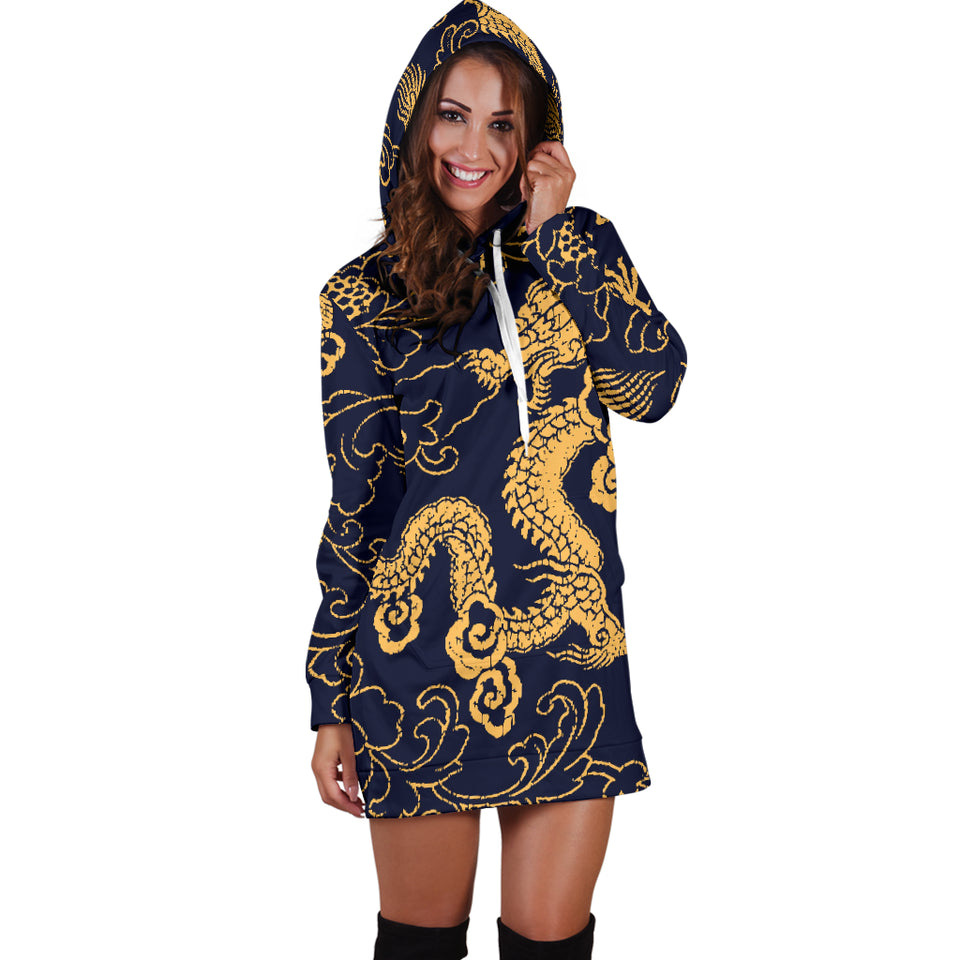 Gold Dragon Pattern Women'S Hoodie Dress