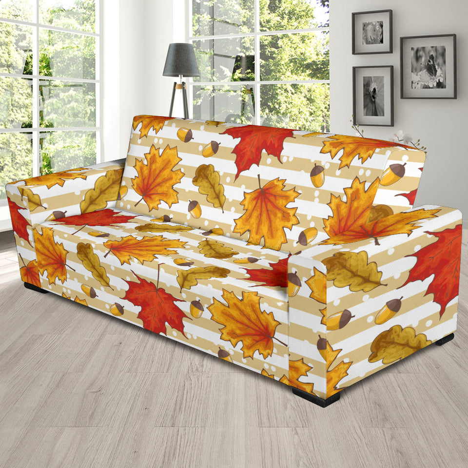 Maple Leaf Oak Leaf Acorns Beige Striped Background Sofa Slipcover