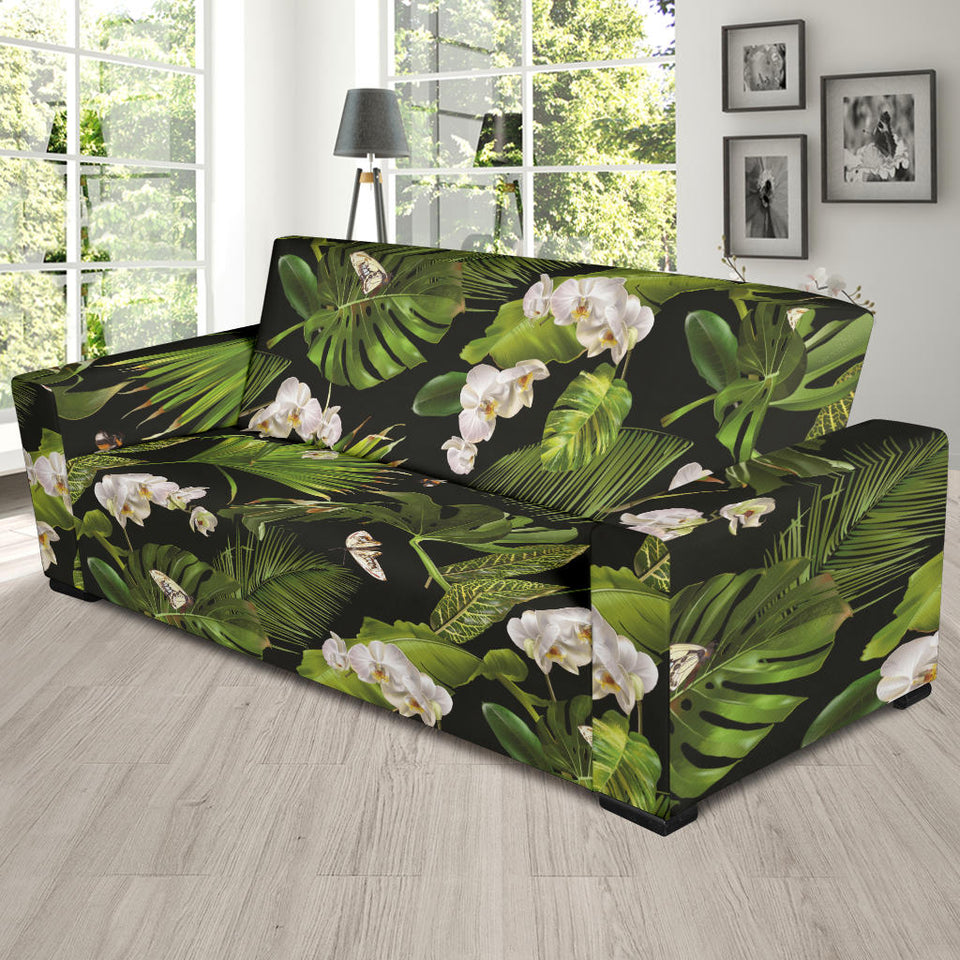 White Orchid Flower Tropical Leaves Pattern Blackground Sofa Slipcover