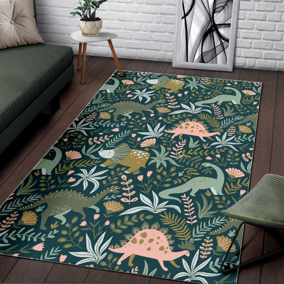 Dinosaurs Tropical Leaves Flower Pattern Area Rug