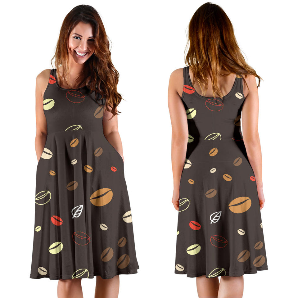 Coffee Bean Leave Pattern Sleeveless Midi Dress