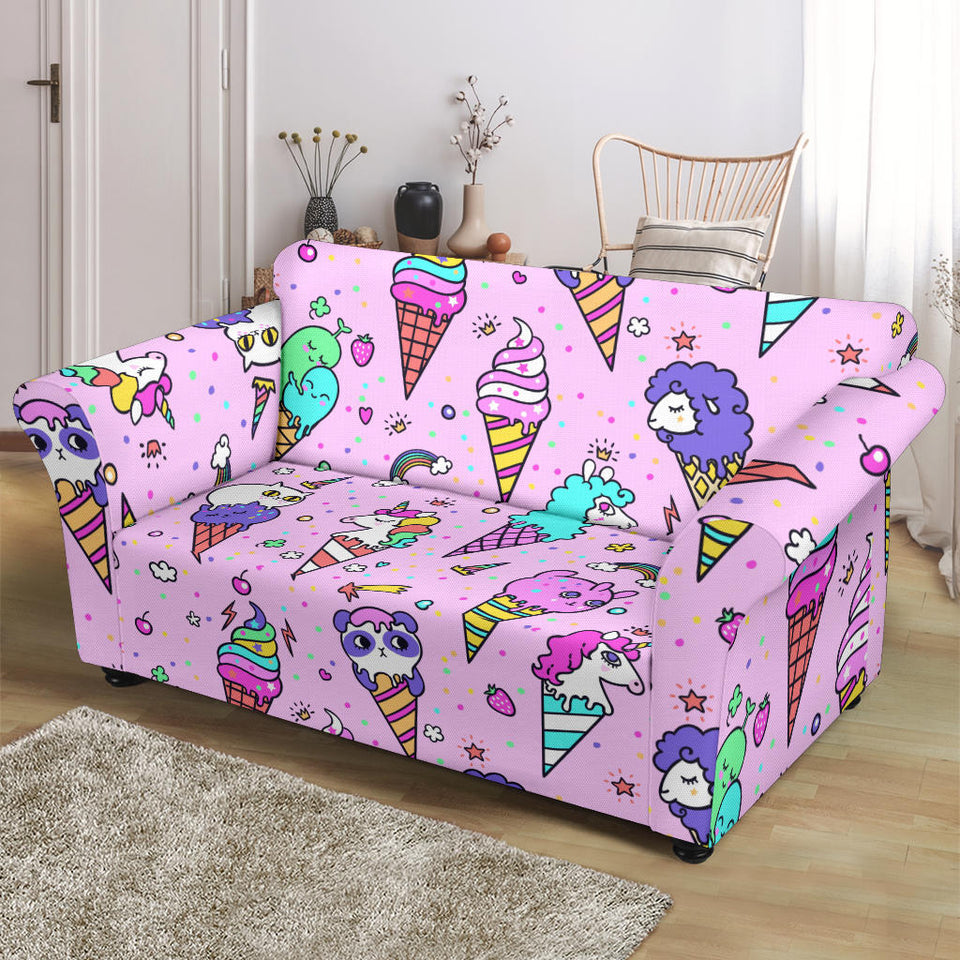 Cute Ice Cream Cone Animal Pattern Loveseat Couch Slipcover