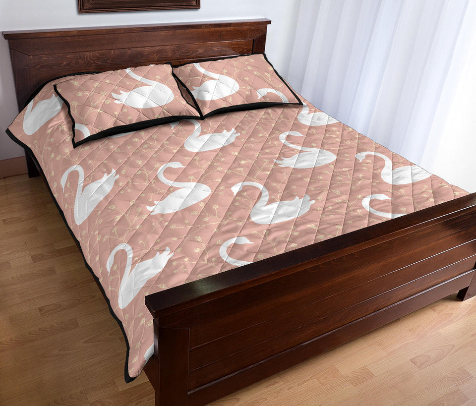 Swan flower light pink background Quilt Bed Set