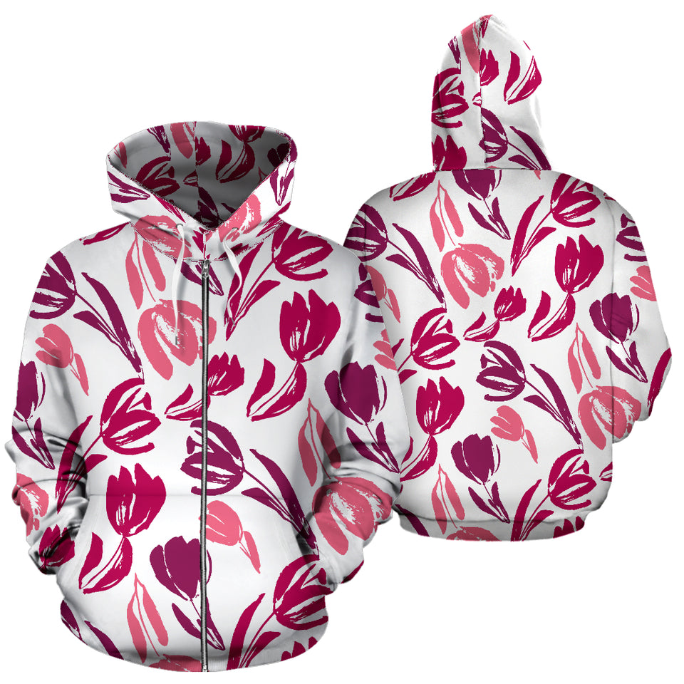 Pink Sketch Tulip Pattern Zip Up Hoodie