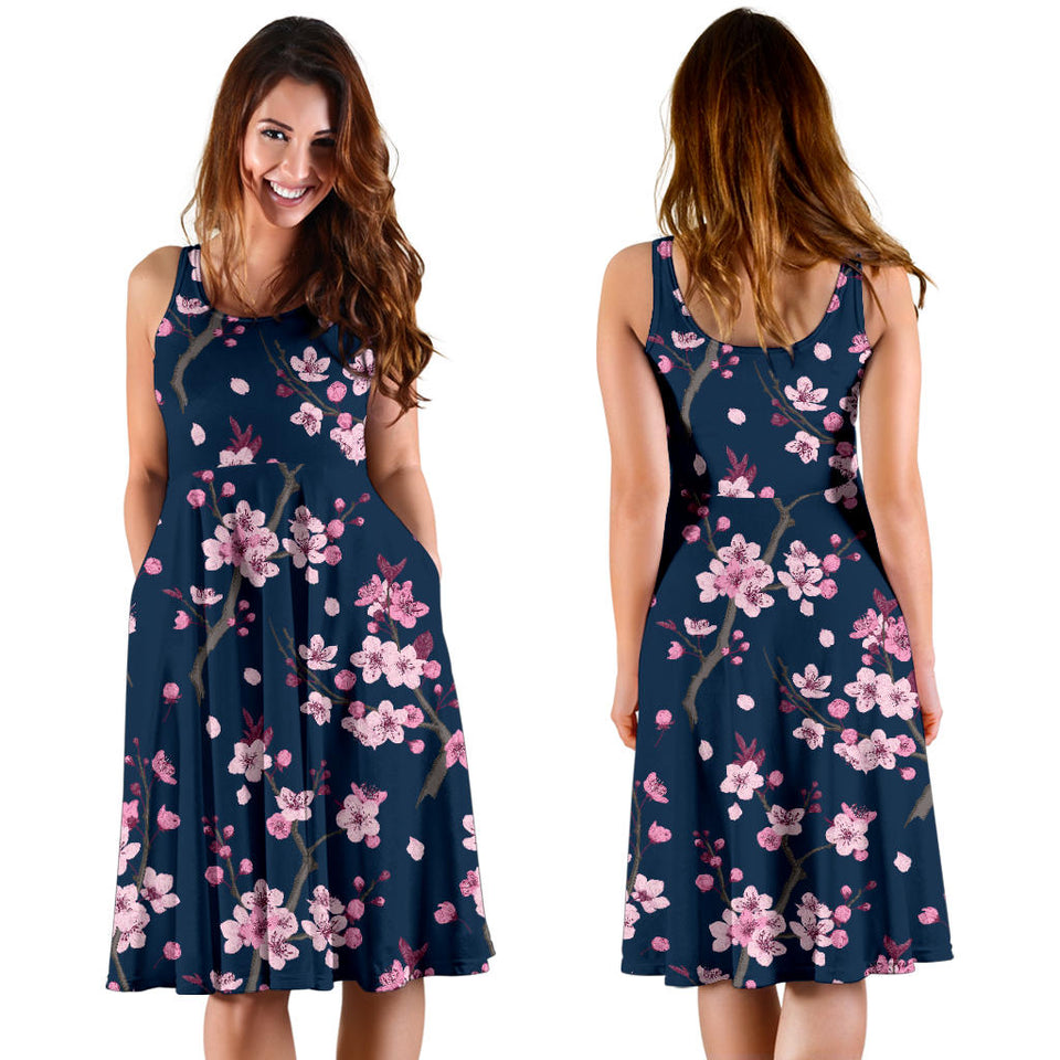 Pink Sakura Cherry Blossom Blue Background Sleeveless Midi Dress