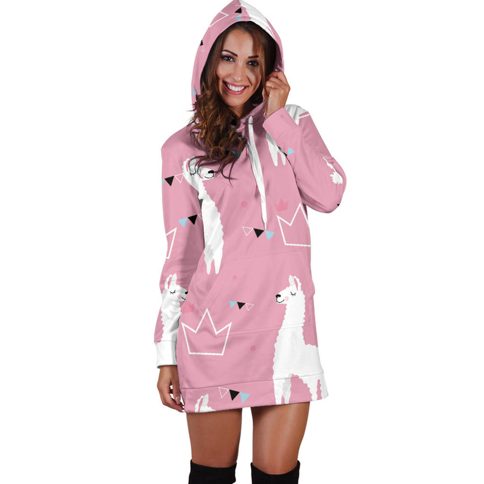 Llama Alpaca Pink Background Women'S Hoodie Dress