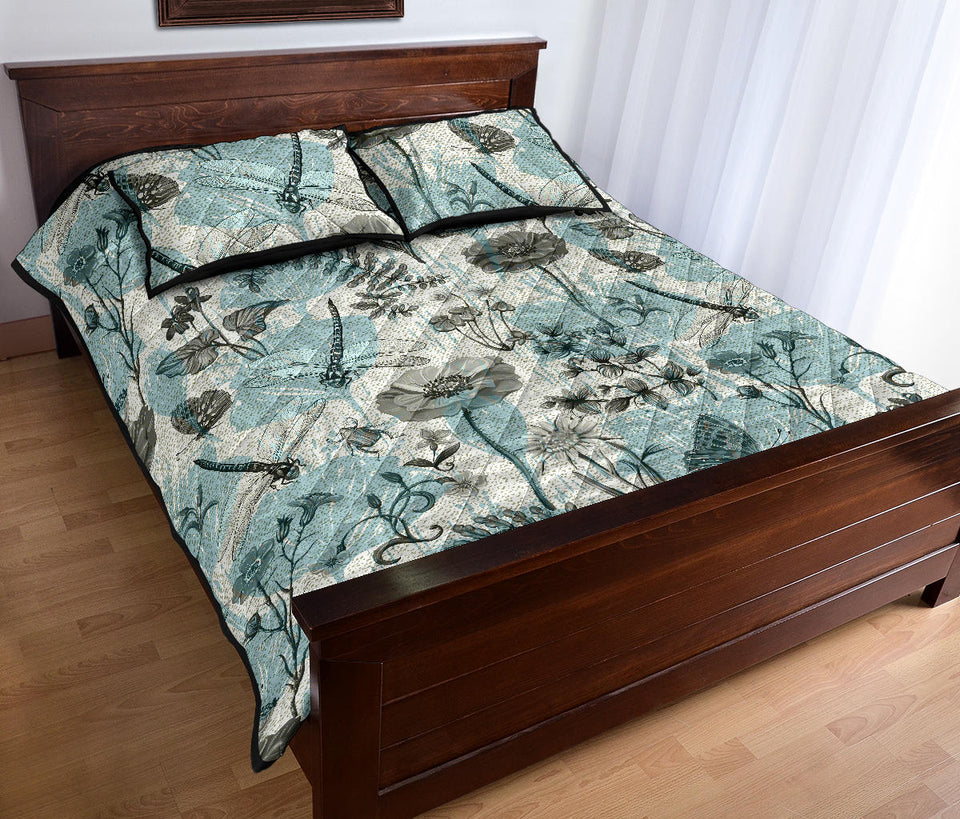 Dragonfly Butterfly Plants insect flower vintage style pattern Quilt Bed Set
