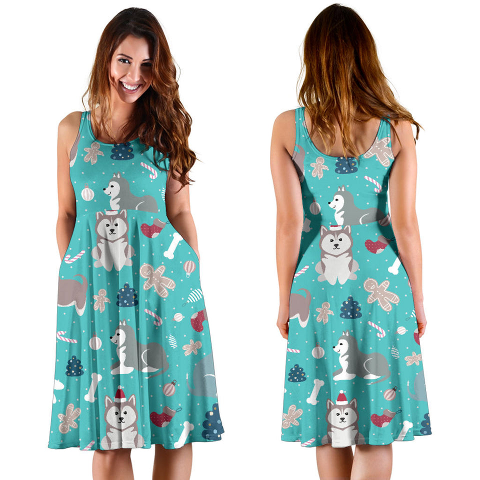 Christmas Cute Siberian Husky Puppie Pattern Sleeveless Midi Dress