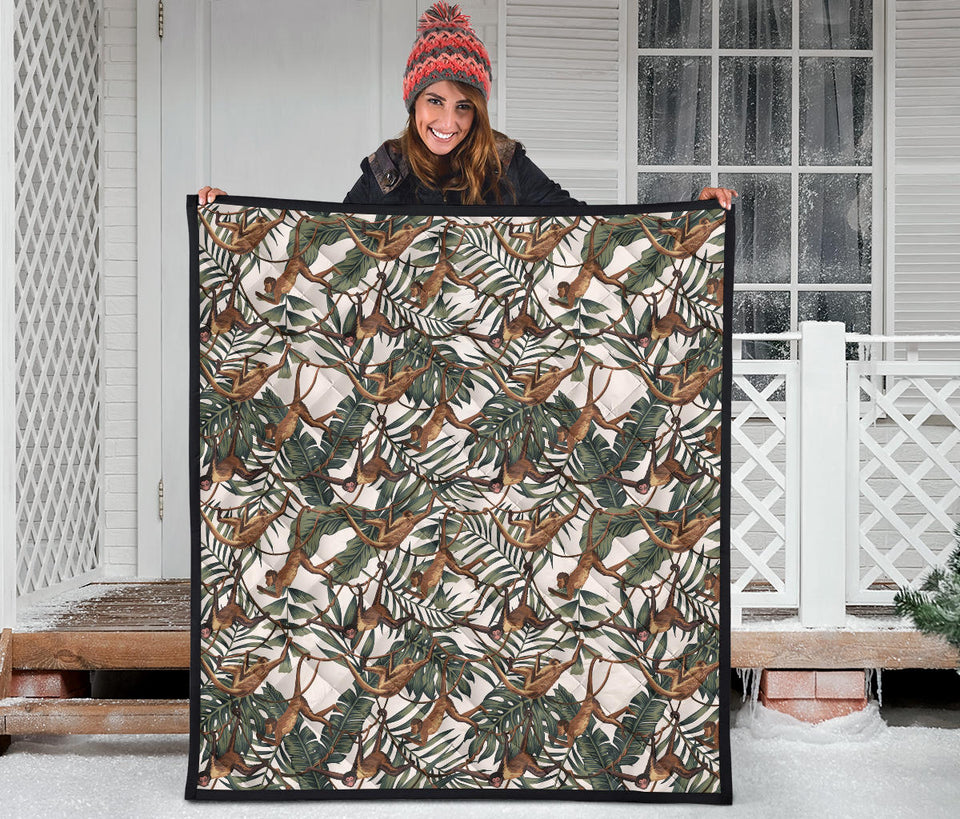 Monkey Tropical Leaves Background Premium Quilt