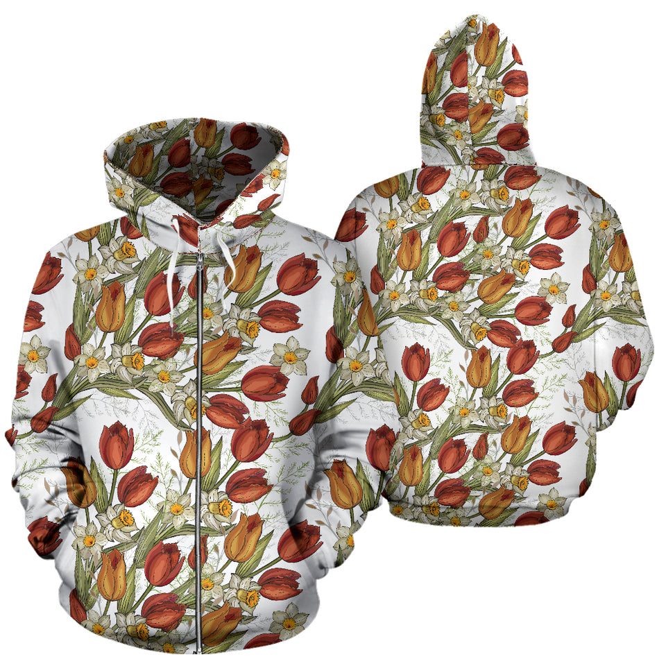 Red Tulips And Daffodils Pattern Zip Up Hoodie