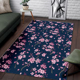 Pink Sakura Cherry Blossom Blue Background Area Rug