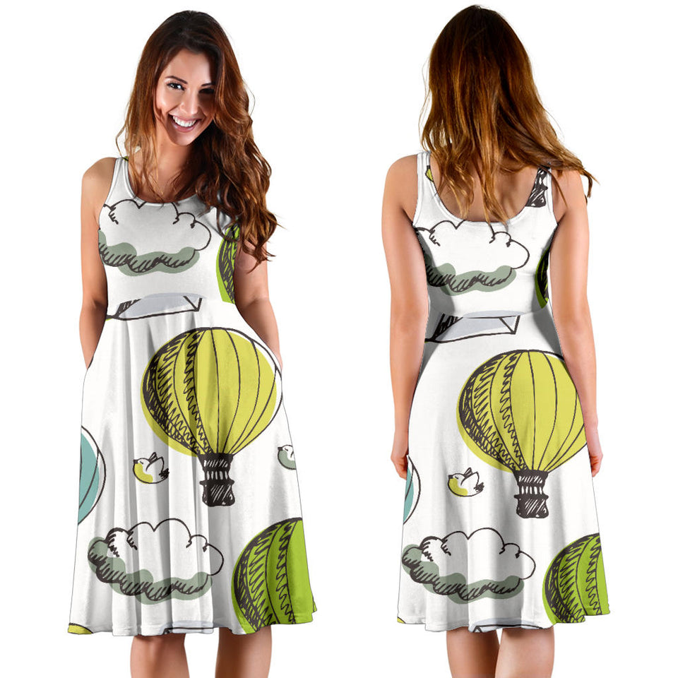 Hot Air Balloon Bird Cloud Pattern Sleeveless Midi Dress