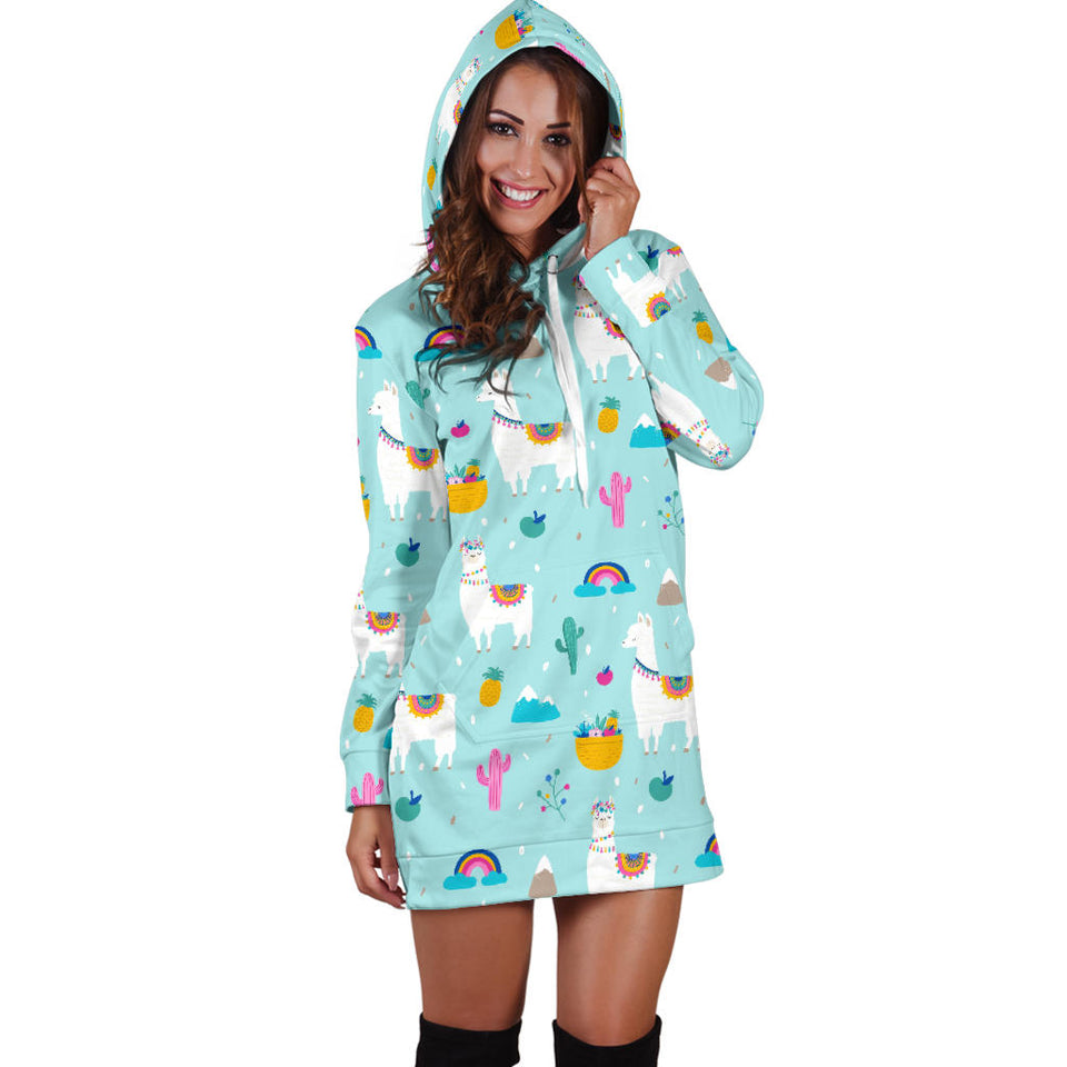 Llama Alpaca Cactus Leaves Pattern Women'S Hoodie Dress