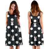 Cute White Rabbit Polka Dots Black Background Sleeveless Midi Dress