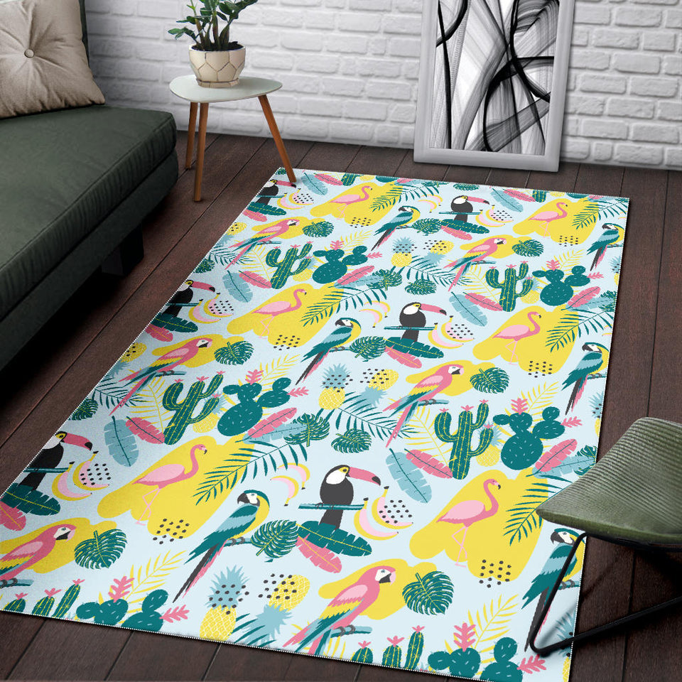 Cute Parrot Toucan Flamingo Cactus Exotic Leaves Pattern Area Rug