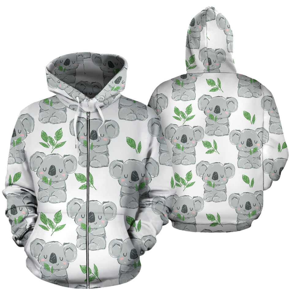 Hand Drawn Koala Leaves Pattern Zip Up Hoodie