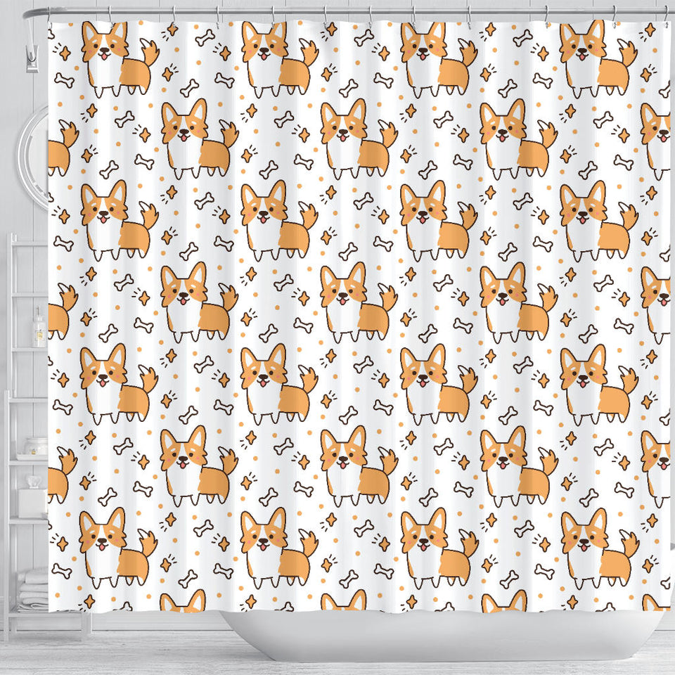 Cute Corgi Heart Star Bone Pattern Shower Curtain Fulfilled In US