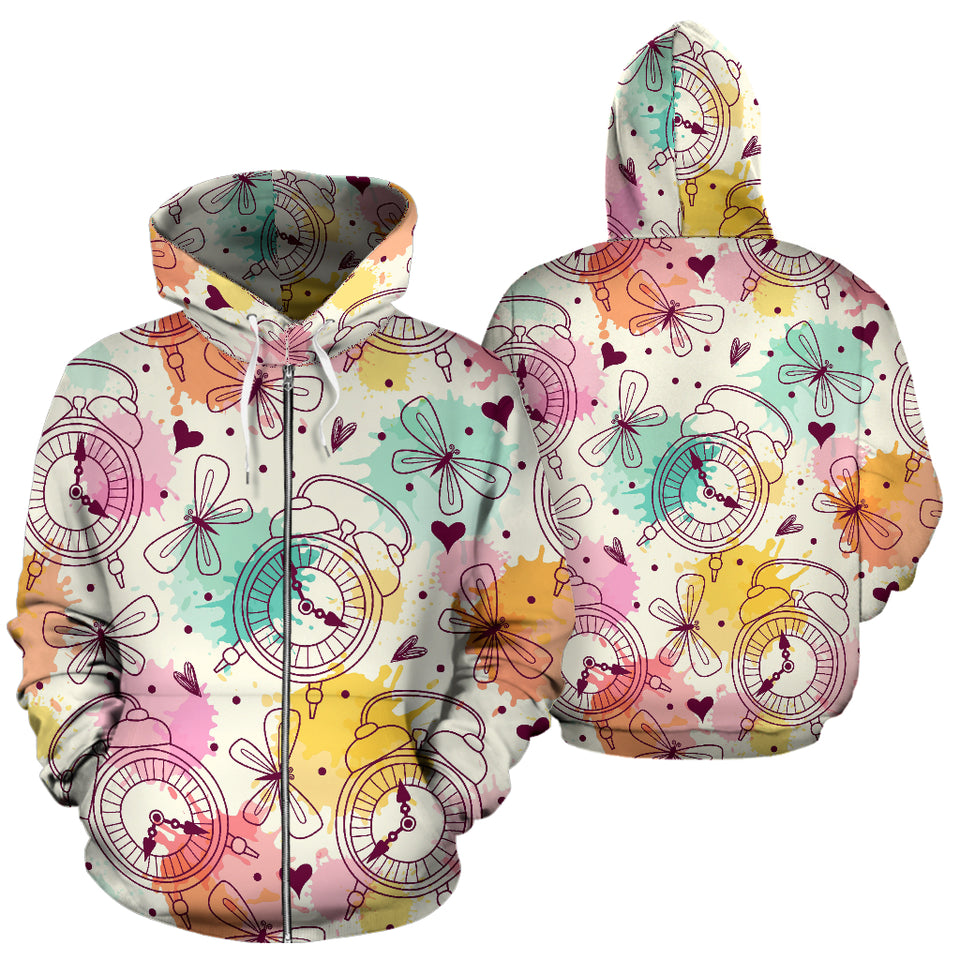 Clock Butterfly Pattern Zip Up Hoodie