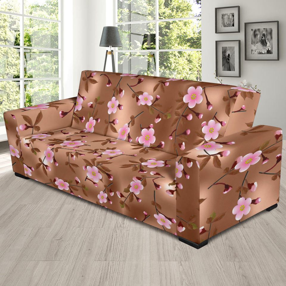 Pink Sakura Cherry Blossom Drak Brown Background Sofa Slipcover