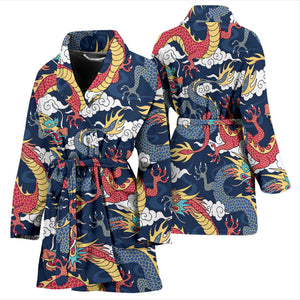Blue Red Dragon Cloud Pattern Women'S Bathrobe