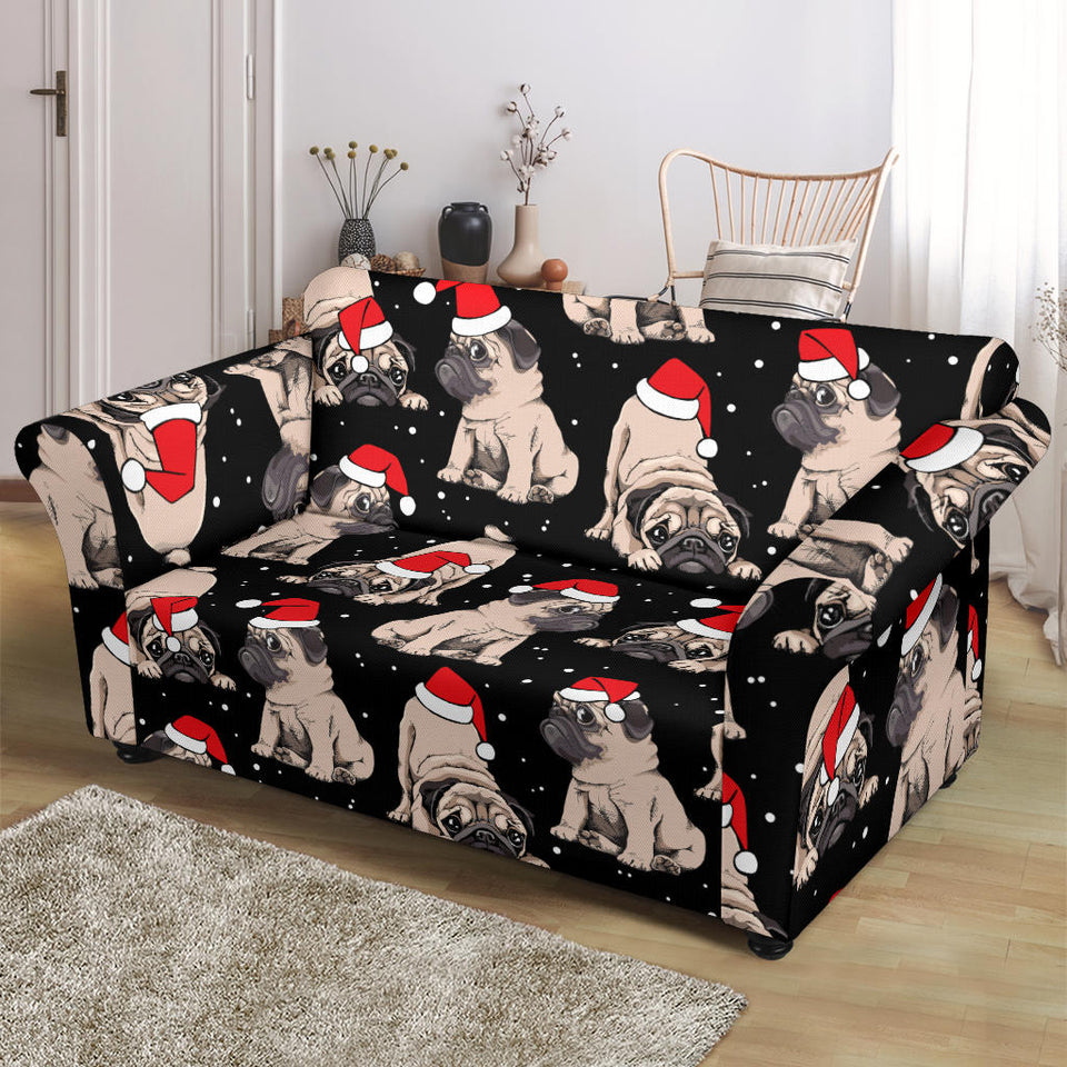 Christmas Pugs Santa_S Red Cap Pattern Loveseat Couch Slipcover