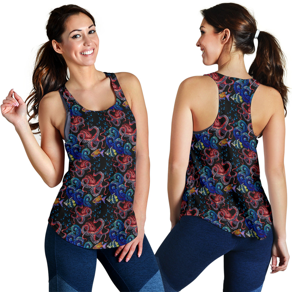 Octopus sea wave tropical fishe pattern Women Racerback Tank Top